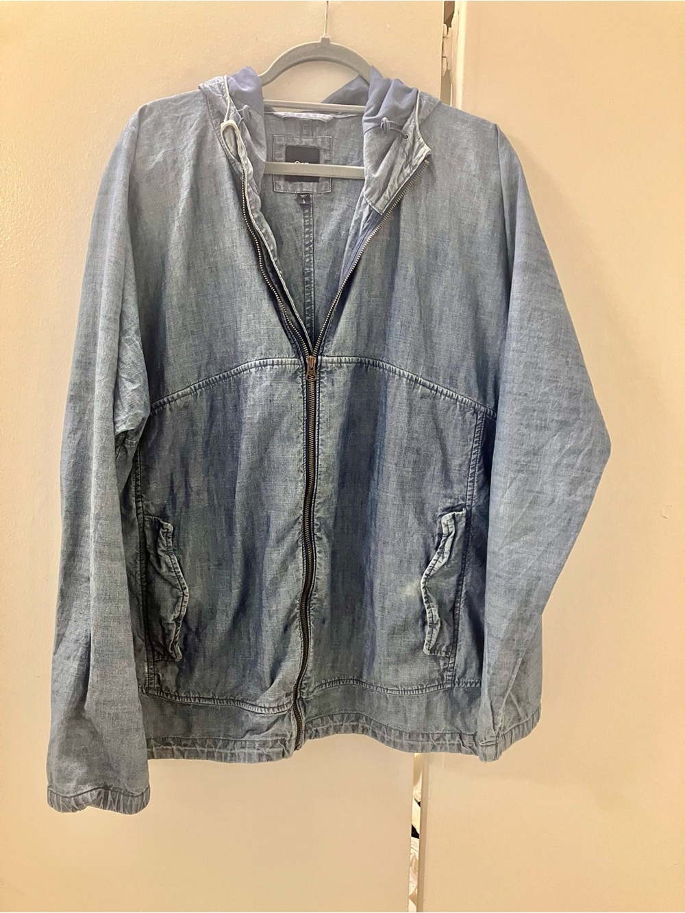 Gap Denim Ripstop Oversized Anorak Jacket Blue Chambray Hooded Full Zip Mens L.